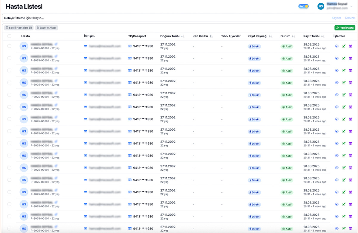 Hasta Yönetimi Ana Ekran